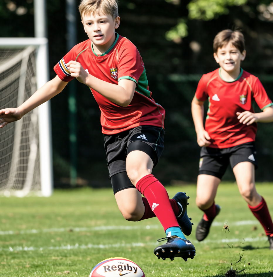 Young boys playing rugby with mouthguards